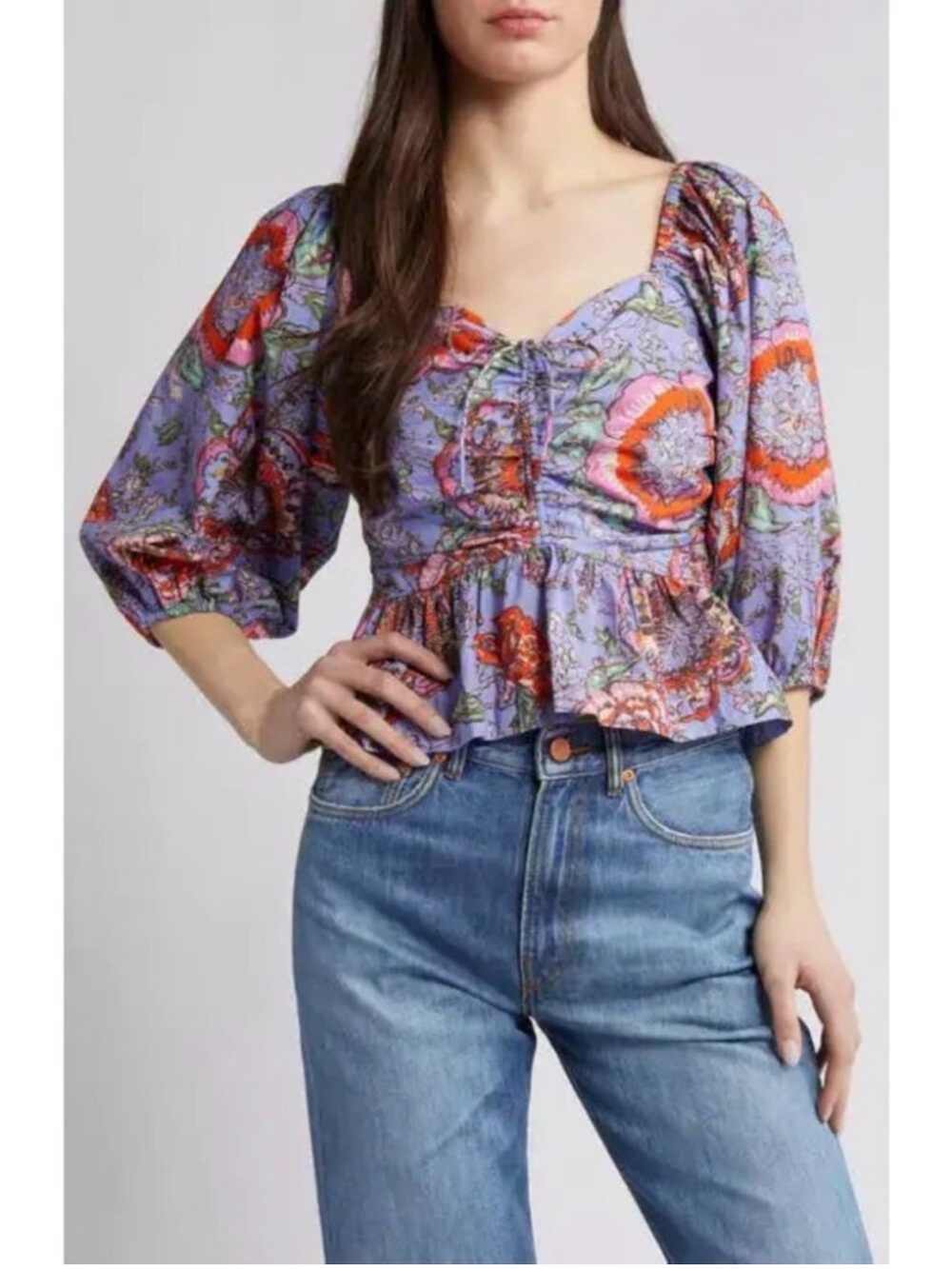 Cleobella Floral Puff-Sleeve Peplum Top in Lavender